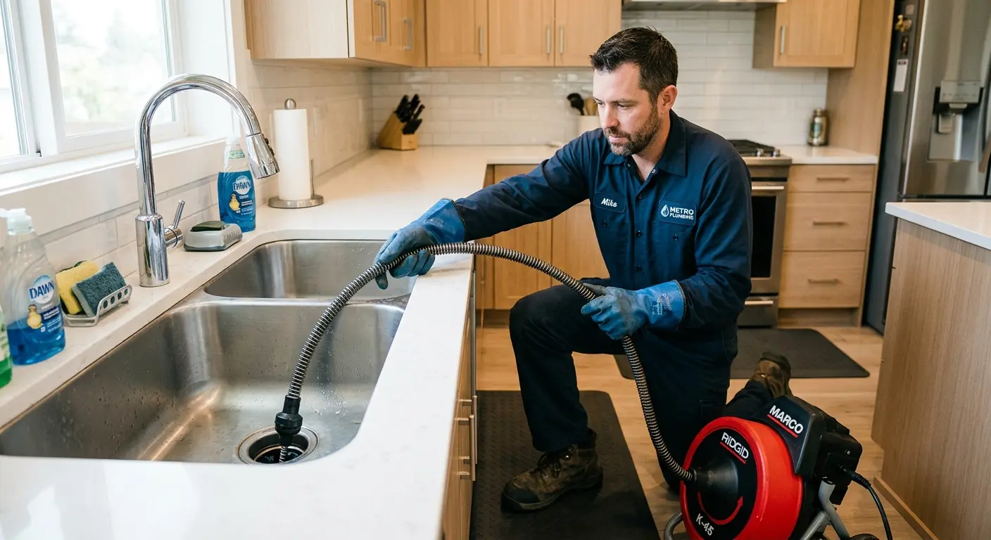 Drain cleaning technician using a motorized snake on a kitchen sink in Easttown