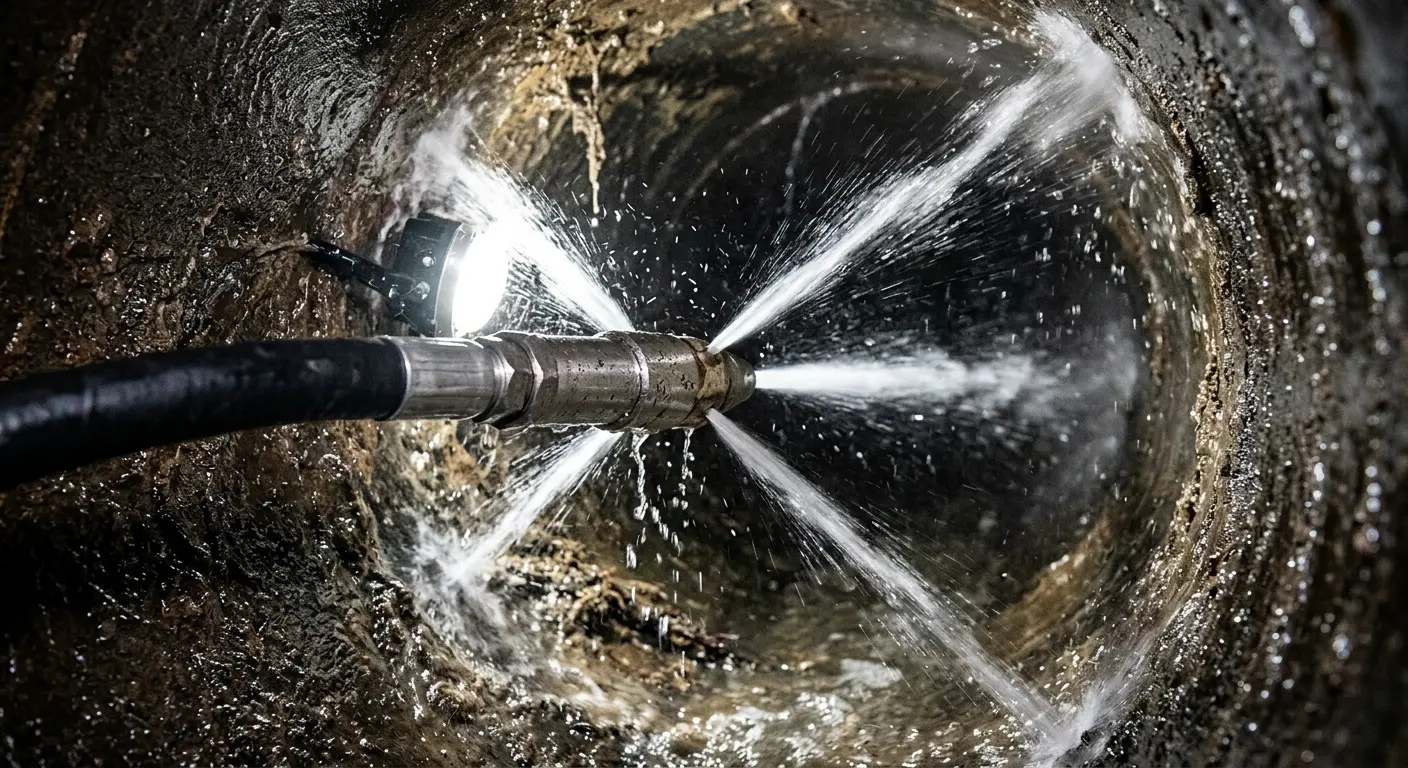 High-pressure hydro jetting nozzle cleaning sewer pipe for Emergency Drain Service in Easttown