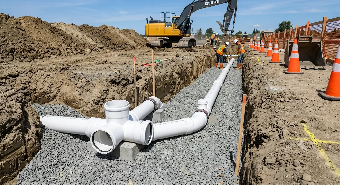 New PVC sewer pipe installation in open trench for Commercial Drain Cleaning in Easttown