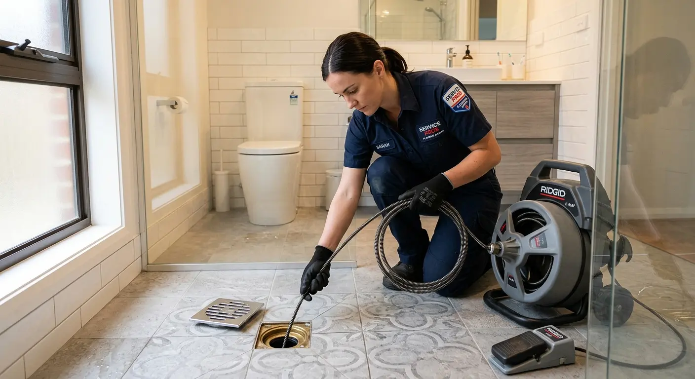 Technician clearing a bathroom floor drain for Hydro Jetting in Easttown